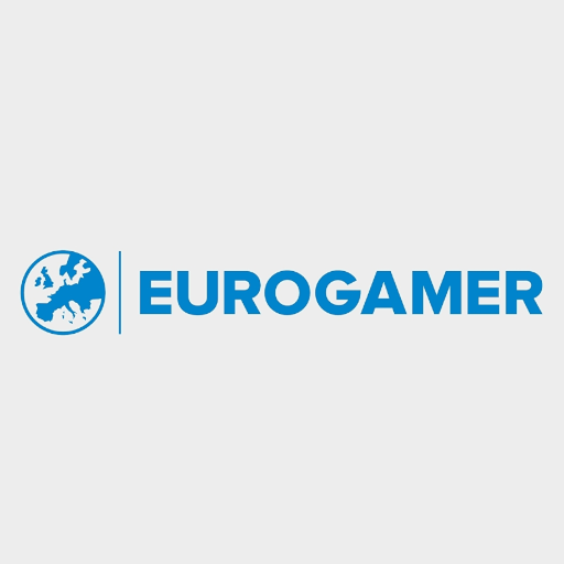 Eurogamer capitalized in blue on a light 
                        background, with the image of a globe on the right.