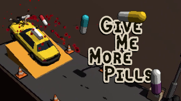 Car jumping off a ramp and running 
                        over character, with pills flying across the screen.