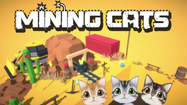 Three cute cats in front of a mine.